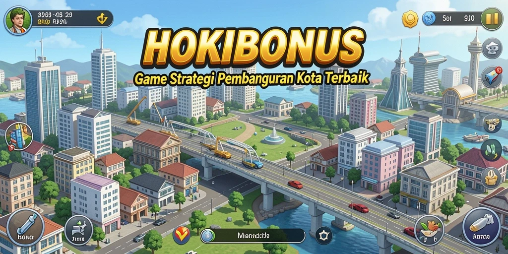 Screenshot gameplay HOKIBONUS menunjukkan pembangunan kota yang menakjubkan.