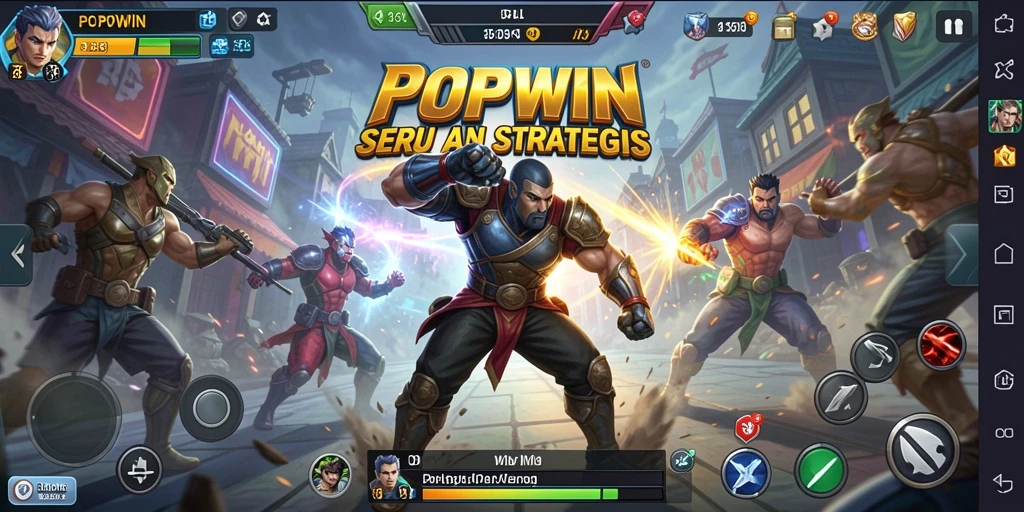 Tampilkan gameplay aksi dari POPWIN dengan pertarungan seru dan karakter menarik.