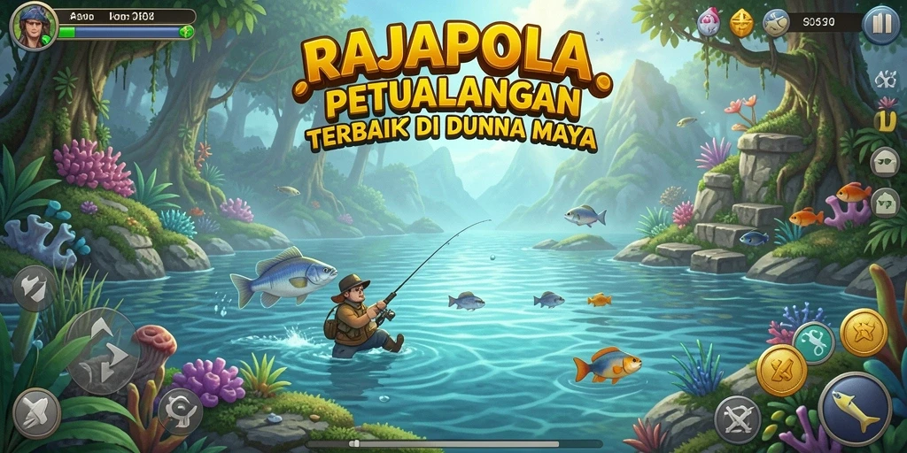 Tampilan gameplay RAJAPOLA dengan pemancing menangkap ikan.