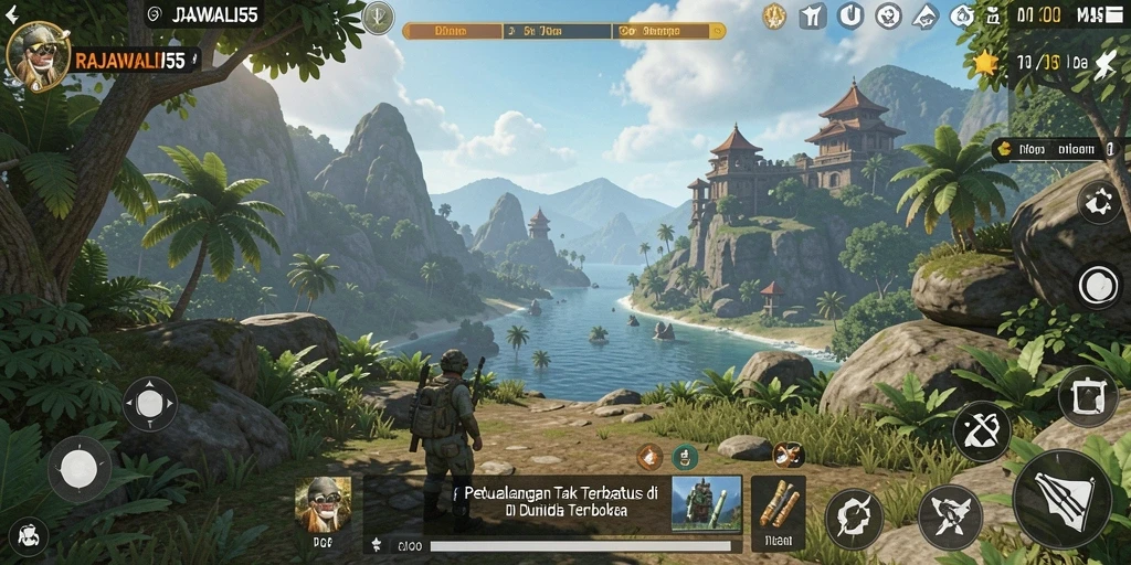 Tampilan gameplay RAJAWALI55 menampilkan kebebasan eksplorasi di dunia terbuka.